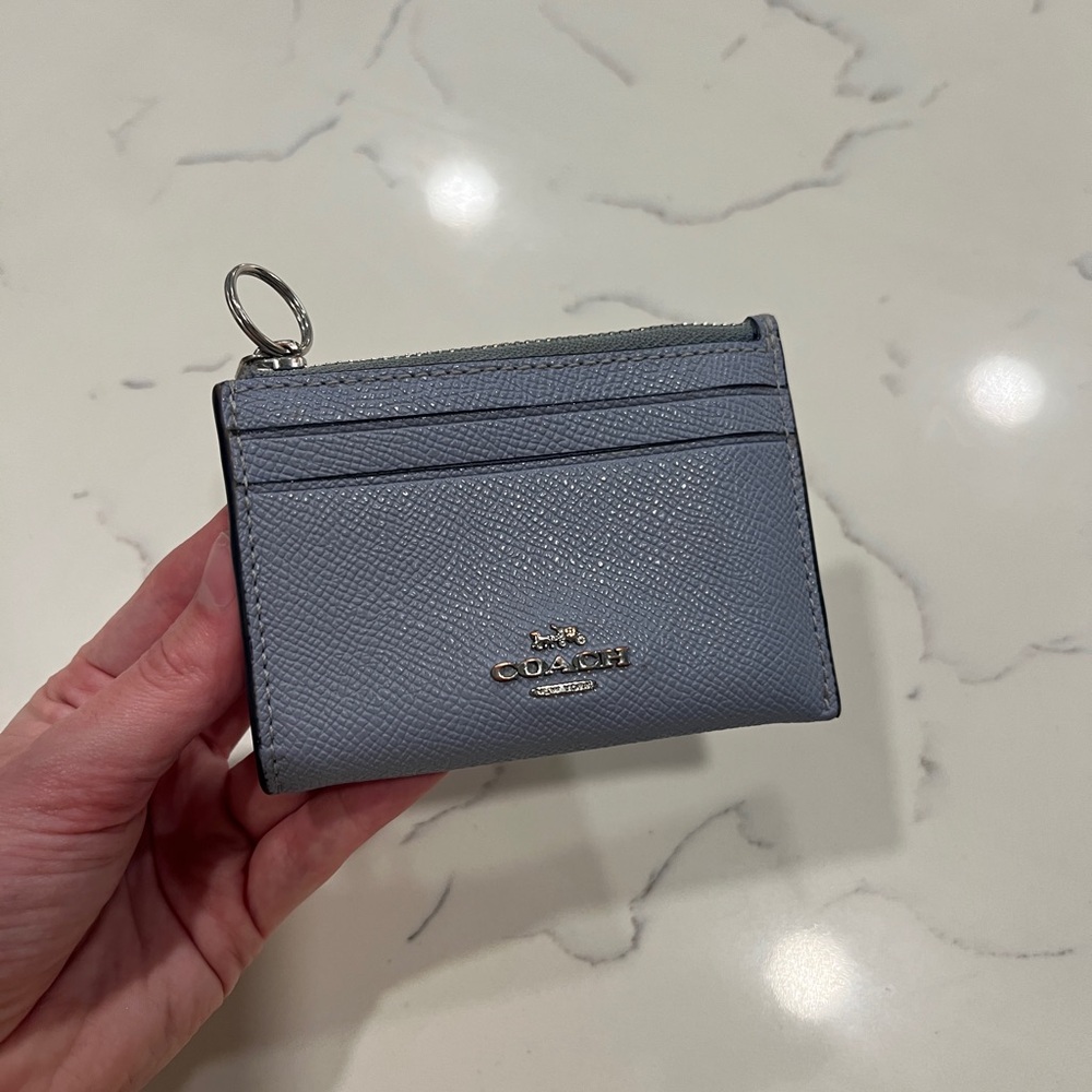 Coach Pebbled Leather Card Case in Dusty Blue with Gold Logo